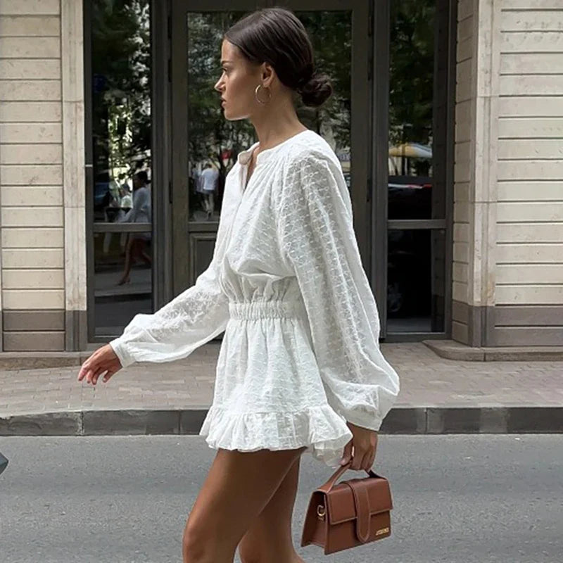 O Neck Long Sleeve Pleated A-line Mini Dress