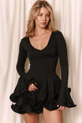 V-Neck High Waist Patchwork Long Sleeve Mini Dress