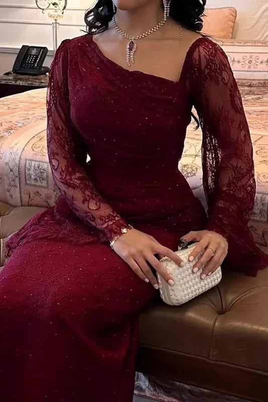 Elegant Lace Slim Slash Collar Long Sleeve Irregular Maxi Dress