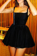 Elegant Sleeveless Pleated Square Collar Mini Dress