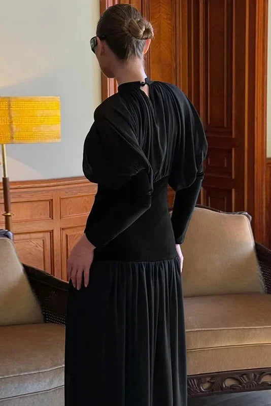 Elegant Round Neck Long Sleeve High Waist Slim Maxi Dress
