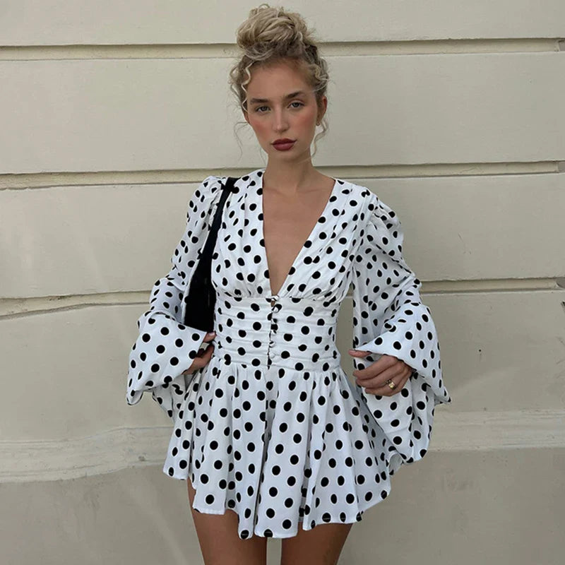 Polka Dot Print Deep V-Neck Single-Breasted Mini Dress