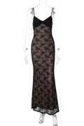 Lace Patchwork V-Neck Backless Slim Maxi Dress