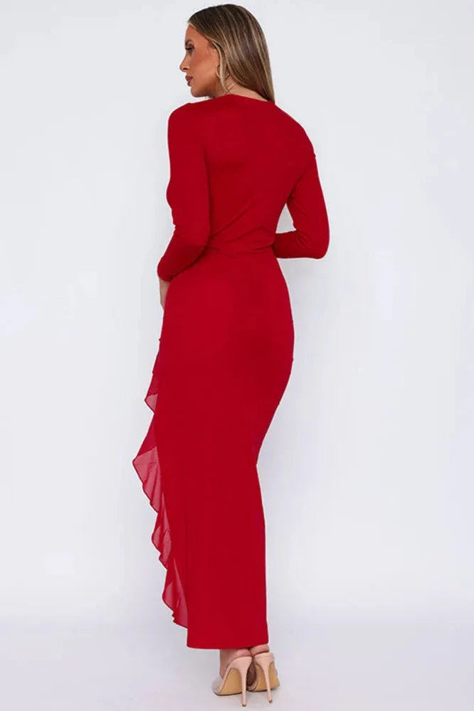 Long Sleeve High Split Deep V Neck Bodycon Maxi Dress