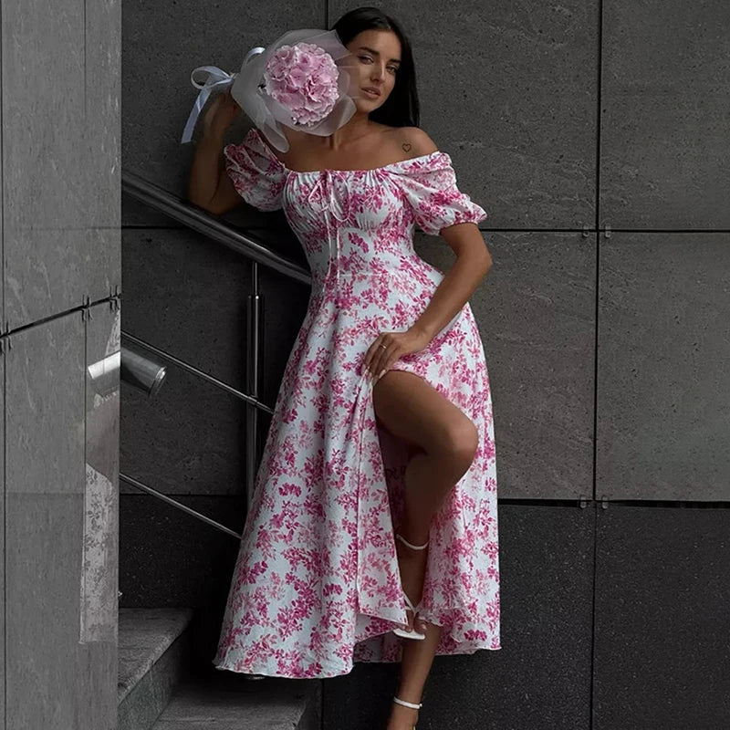 Off Shoulder Short Sleeve Lace Printed Slit Maxi Dress