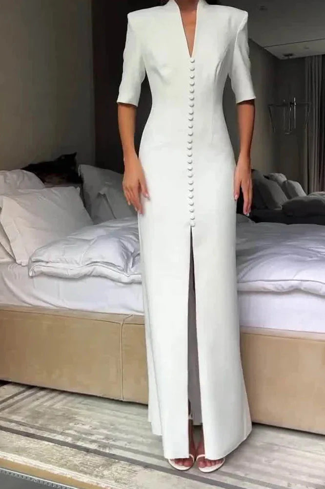 Slim Half Sleeve High Waist Split V-Neck Single Breasted Maxi Dress
