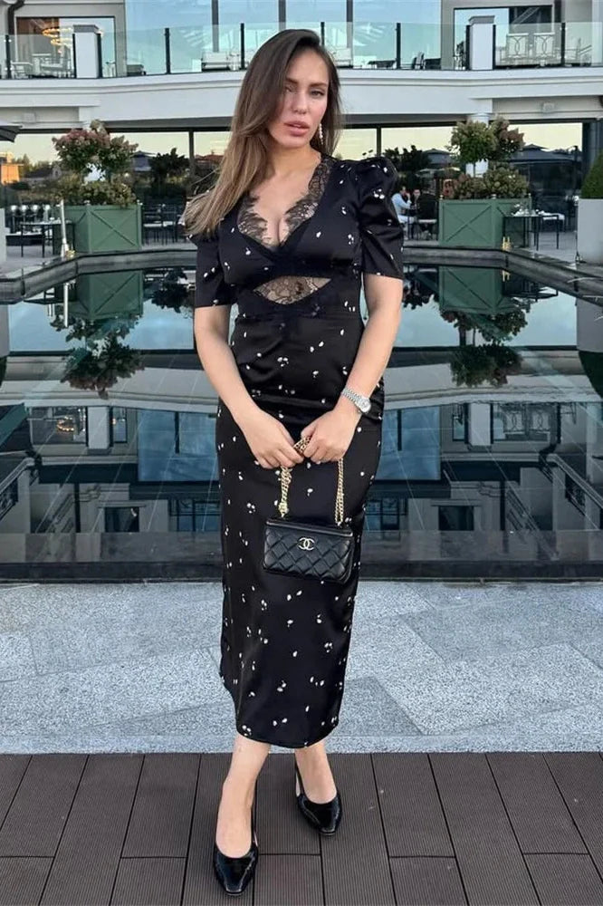 Hollow Out V-Neck Lace Short Sleeve Patchwork Maxi Dress