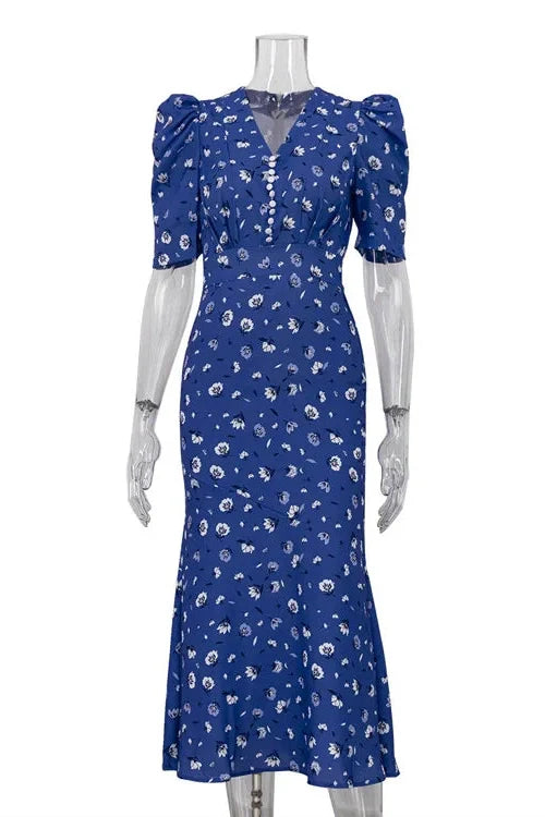 Elegant Printed Puff Sleeve V-Neck High Waist Maxi Dress