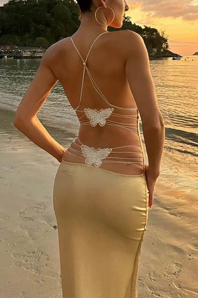 Hollow Out Slim Sleeveless Backless Maxi Dress