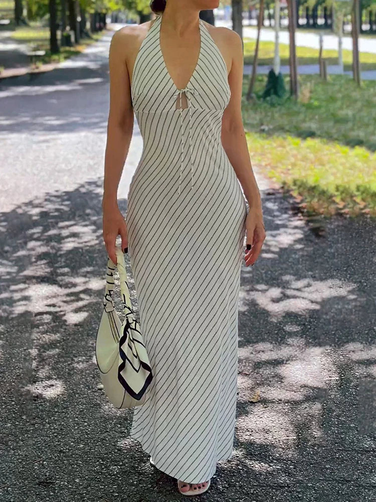 V-Neck Lace Up Backless Sleeveless High Waist Maxi Dress