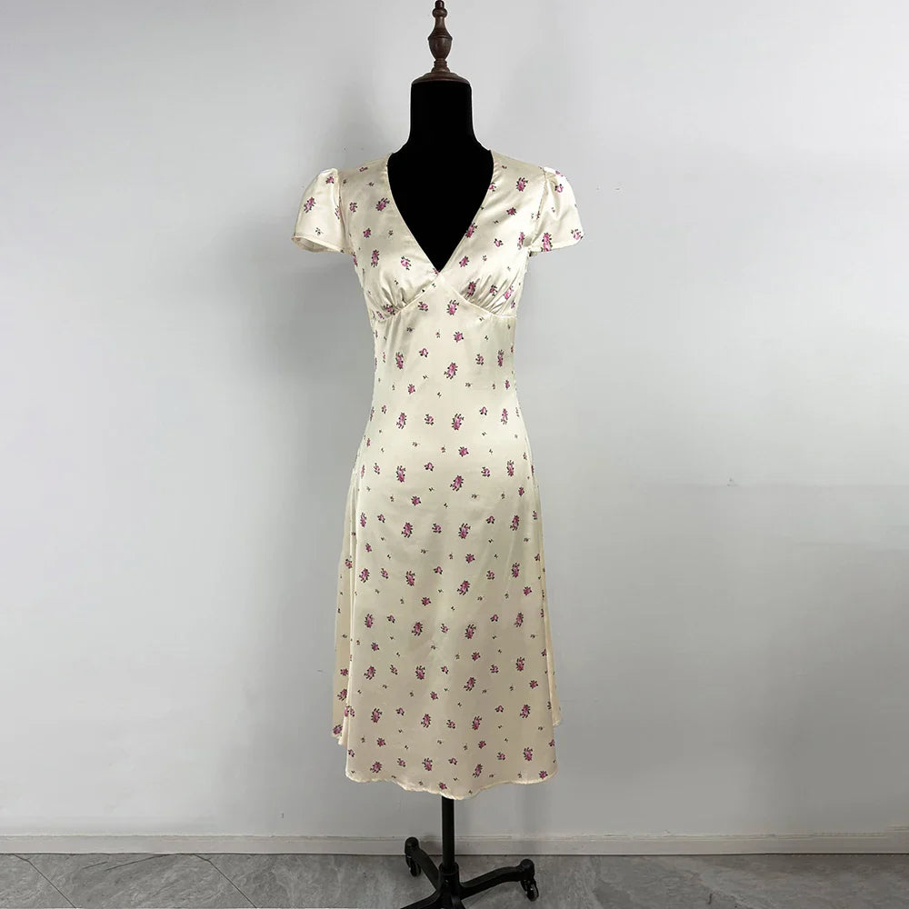 V-Neck Short Sleeve Printed Slim Maxi Dress