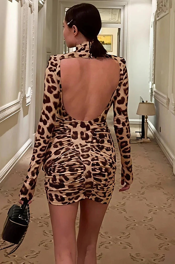 Printed Turtleneck Backless Long Sleeve Bodycon Mini Dress