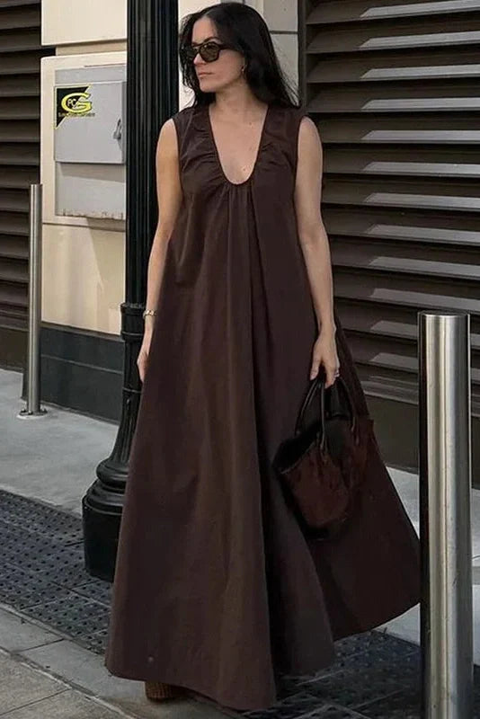 Sleeveless Cotton U-Neck Loose Maxi Dress