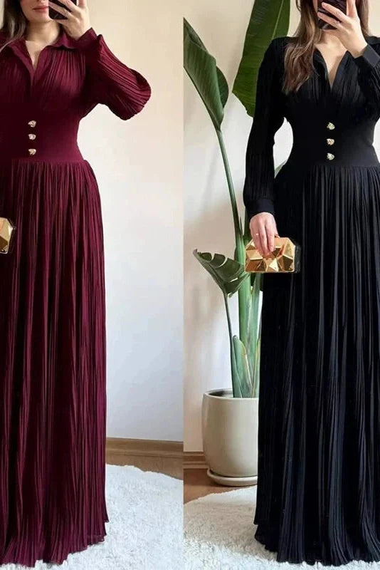 Long Sleeve High Waist Pleated V-Neck Maxi Dress