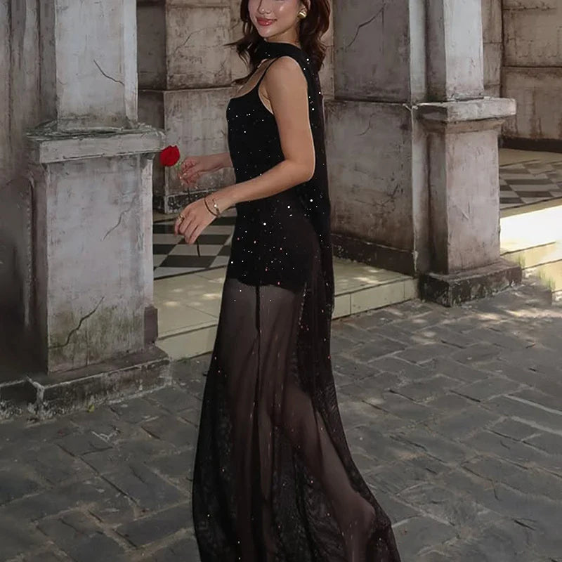 Elegant Lace See-Through Mesh Scarf Maxi Dress