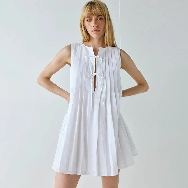 Pleated O Neck Sleeveless Lace Up Mini Dress