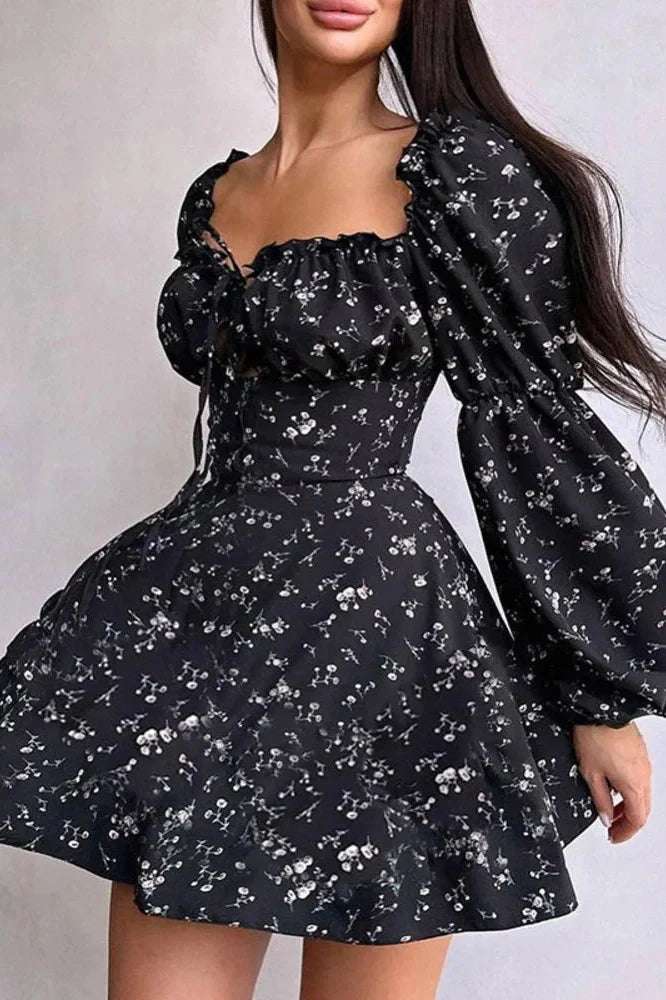 Long Puff Sleeve Square Collar Backless Mini Dress