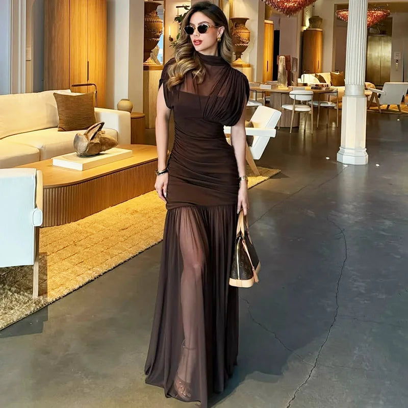 Elegant See Through Patchwork High Waist Maxi Dress