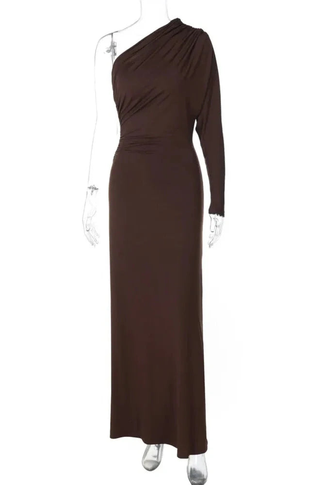 Inclined Shoulder One Sleeve Backless Irregular Maxi Dress