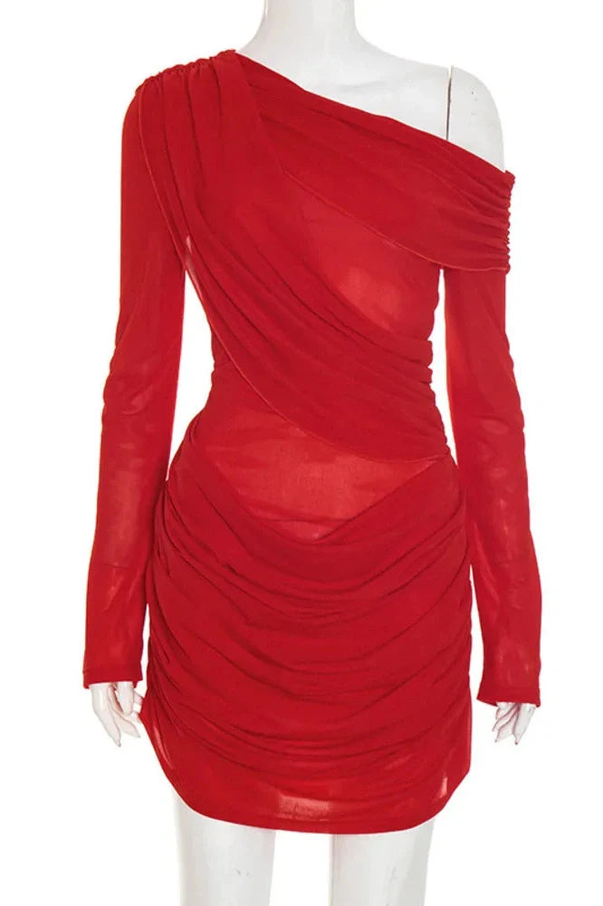 One-Shoulder Sleeve Backless Mini Dress