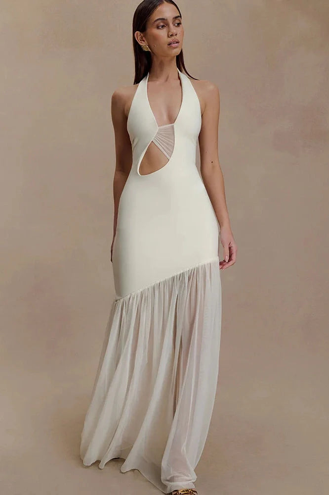 Hollow Out Backless Patchwork V Neck Sleeveless Bodycon Maxi Dress