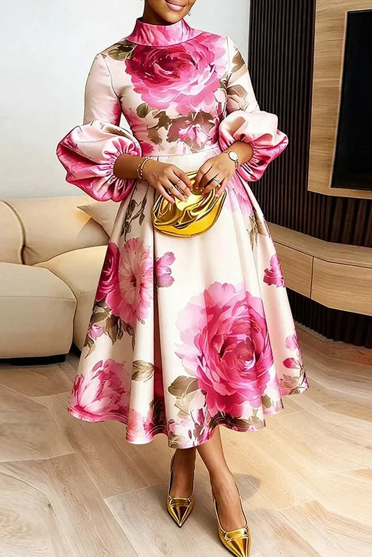 Floral Print High Waist Pleated Long Sleeve Midi Dress