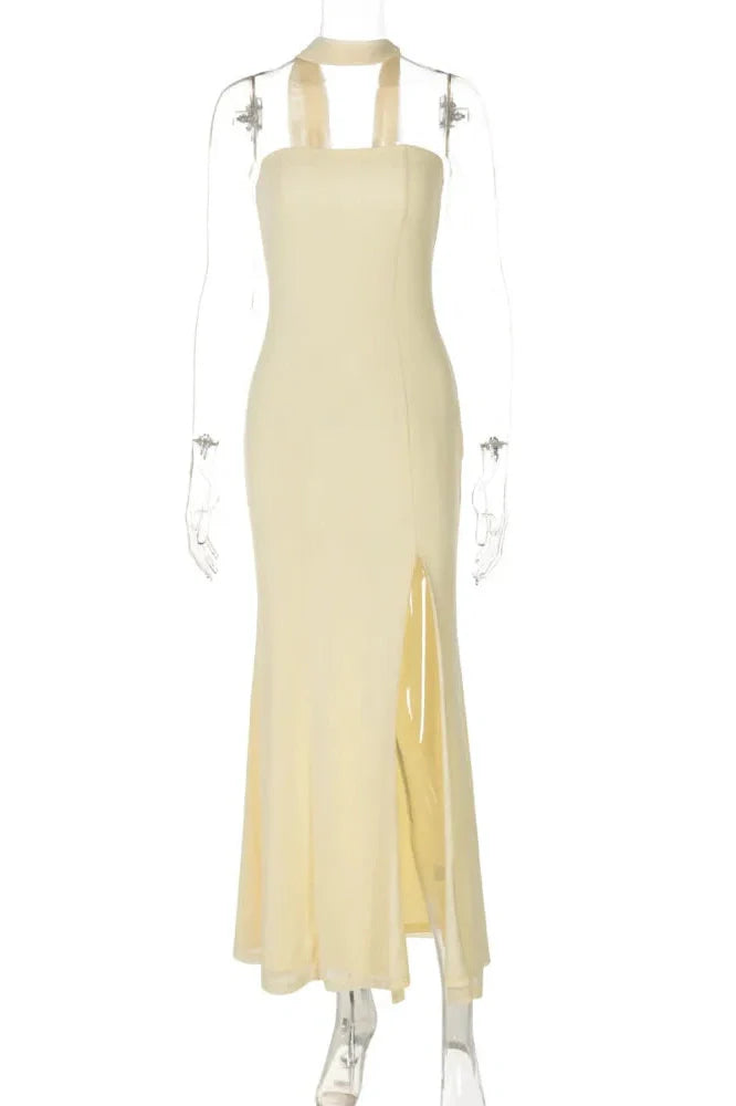 Scarf Collar Off-Shoulder Strapless Backless High Split Maxi Dress