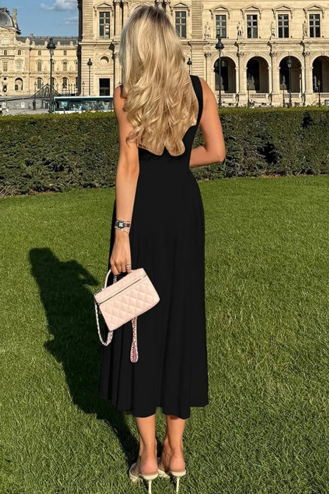 Sleeveless Pleated O Neck High Waist A-Line Midi Dress