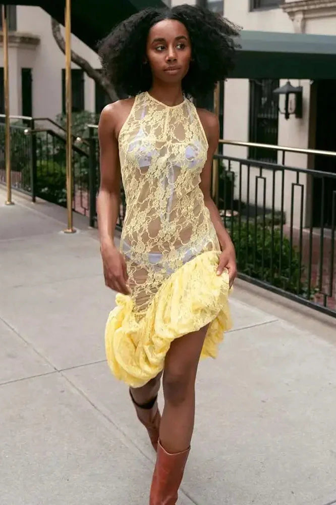 Lace See Through High Waist Slim High Split Midi Dress