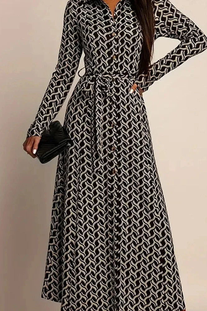Printed High Waist Long Sleeve Pleat Midi Dress