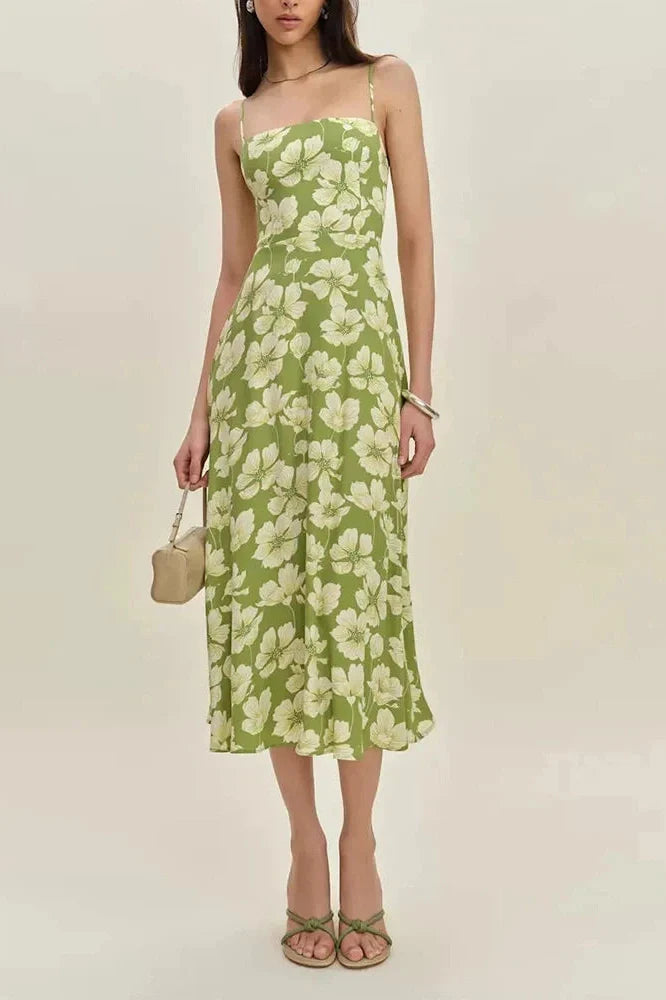 Backless Fit Floral Printed Sleeveless High Waist Midi Dress