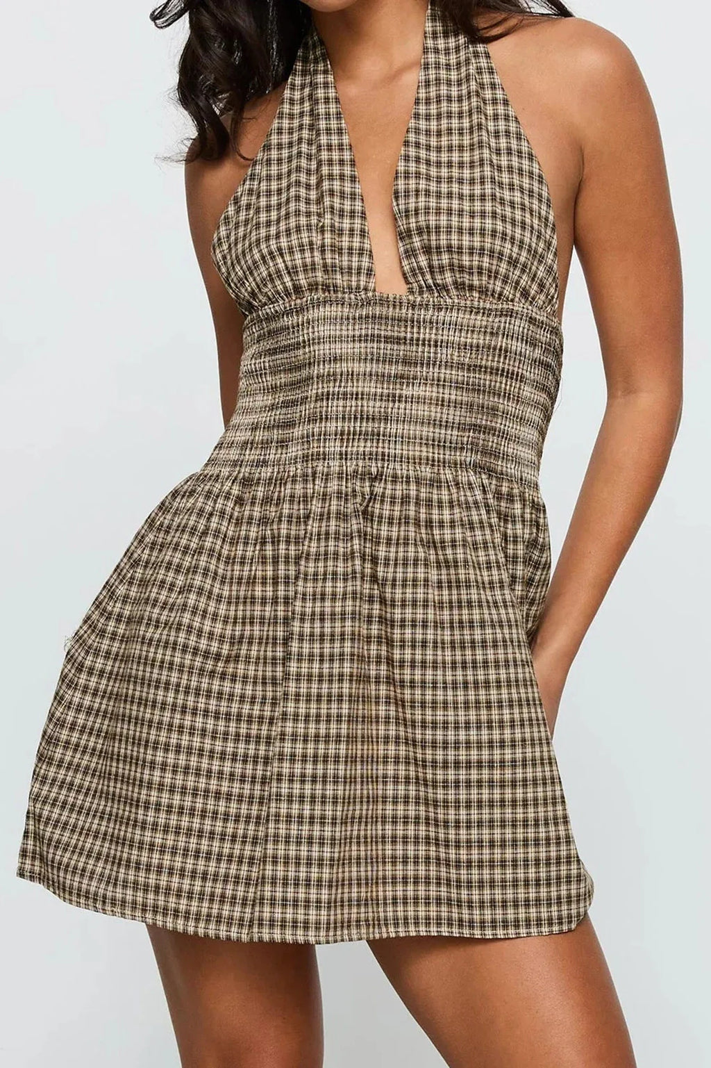 Plaid Backless Sleeveless V Neck A-Line Mini Dress