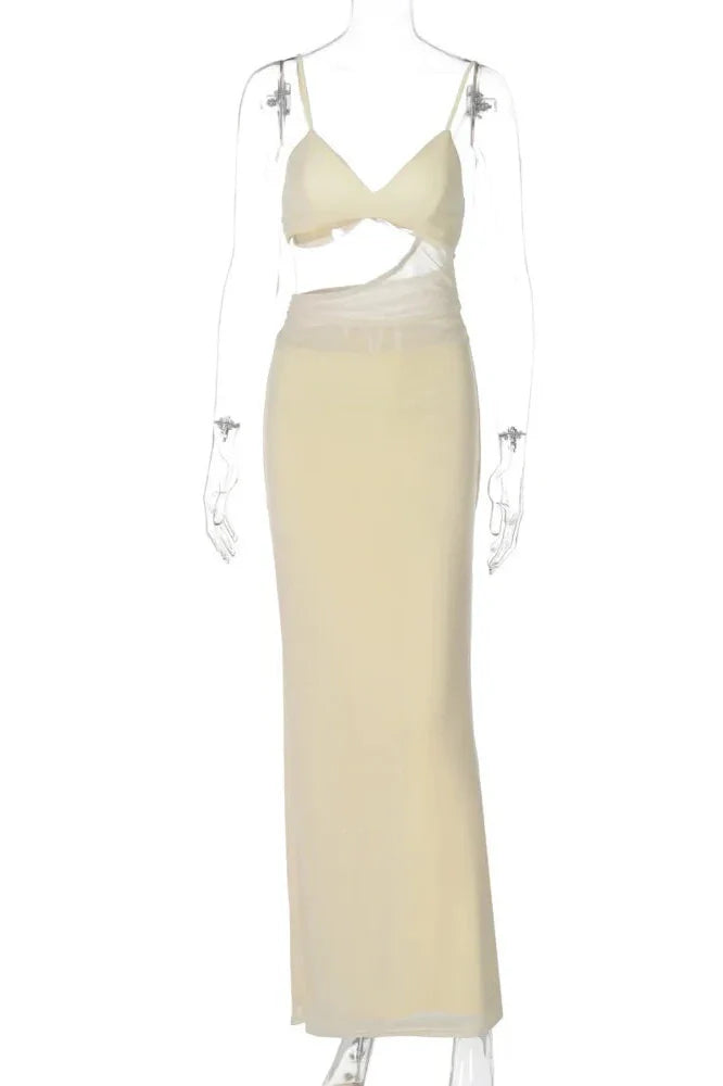 Hollow Out Spaghetti Strap Sleeveless Backless Patchwork Maxi Dress