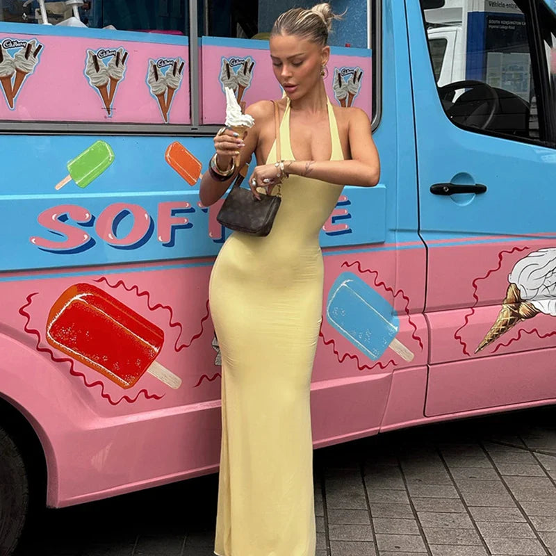 Deep V-Neck High Waisted Backless Maxi Dress