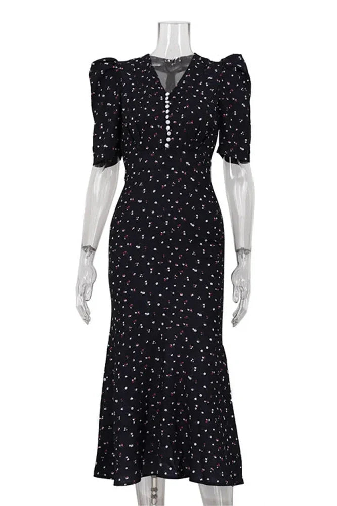 Printed High Waist V-Neck Short Sleeve Slim Maxi Dress