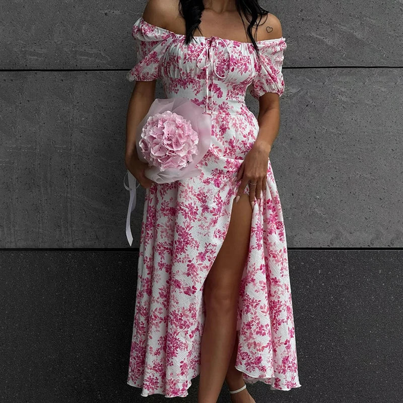 Off Shoulder Short Sleeve Lace Printed Slit Maxi Dress