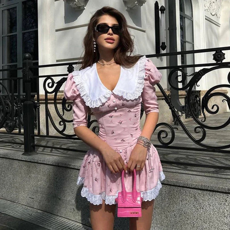 Short Sleeve Lace High Waist Mini Dress