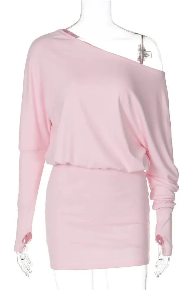 One-Shoulder Patchwork Slim Long Sleeve High Waist Mini Dress