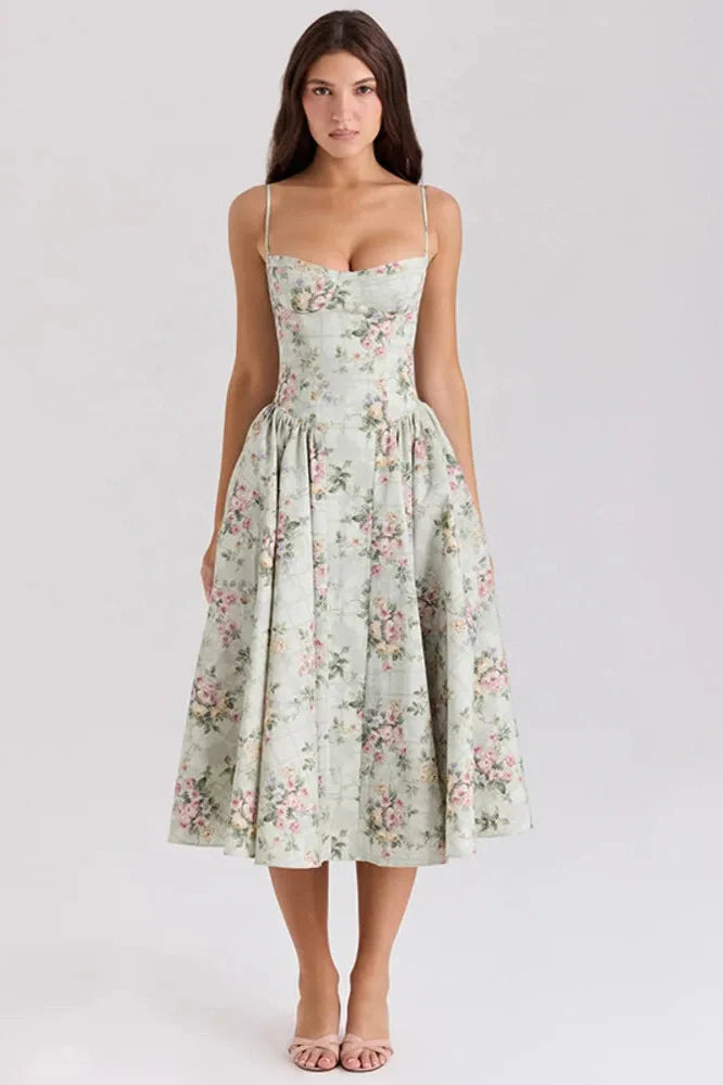 Spaghetti Strap Printed Sleeveless A-Line High Waist Pleated Midi Dress