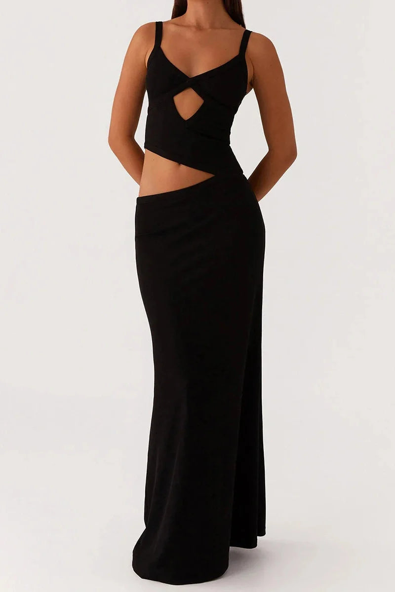 Hollowed Sleeveless V-Neck Backless Maxi Dress