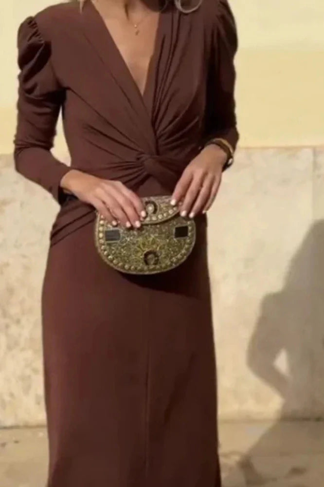 Elegant V-Neck Slim Long Sleeve High Waist Maxi Dress