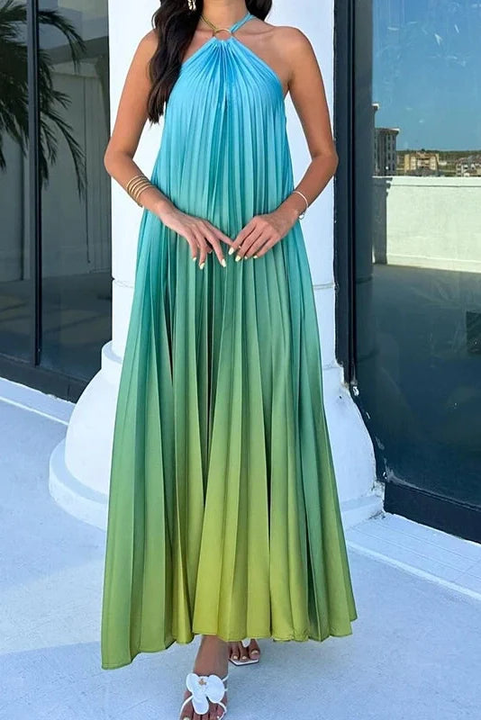 Printed Pleated Off-Shoulder Sleeveless Maxi Dress