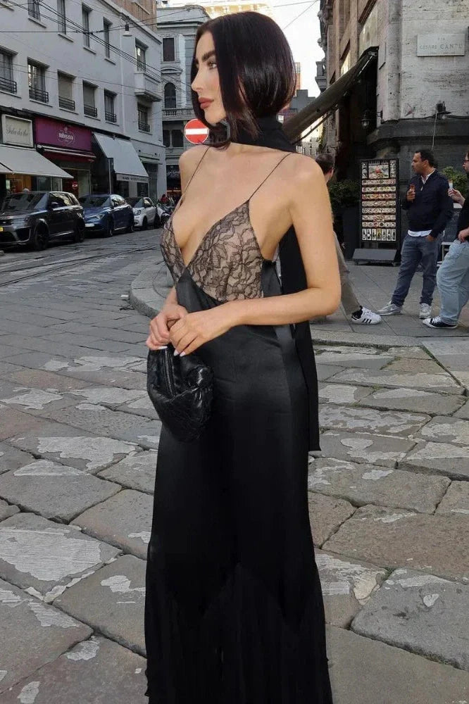 Lace Deep V Neck Mesh Slim Maxi Dress