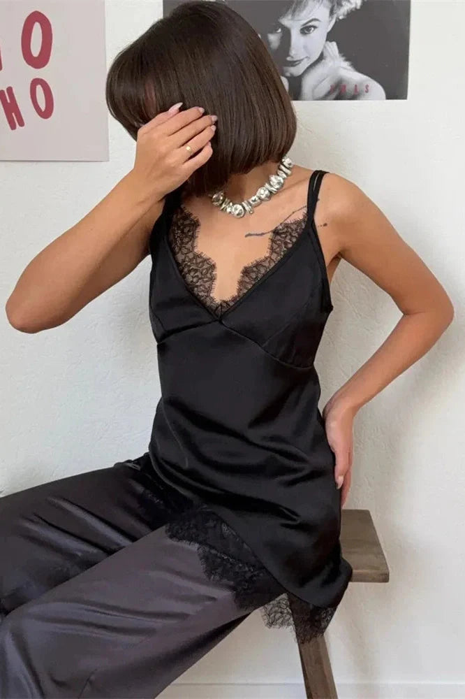 Lace V-Neck Backless High Waist Patchwork Mini Dress