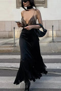 Lace Deep V Neck Mesh Slim Maxi Dress