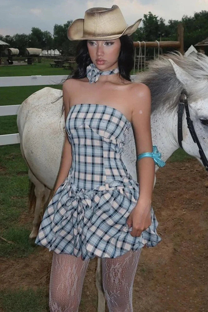 Elegant Floral Plaid Print Straps Mini Dress