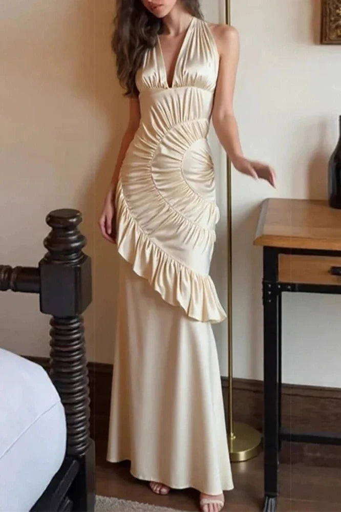 Elegant Backless Off-Shoulder Fit High Waist Pleated Irregular Maxi Dress