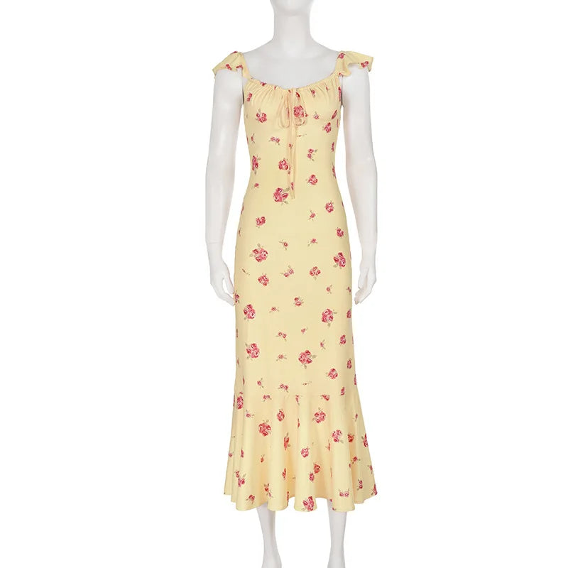Printed Sleeveless Square Collar Slim Maxi Dress