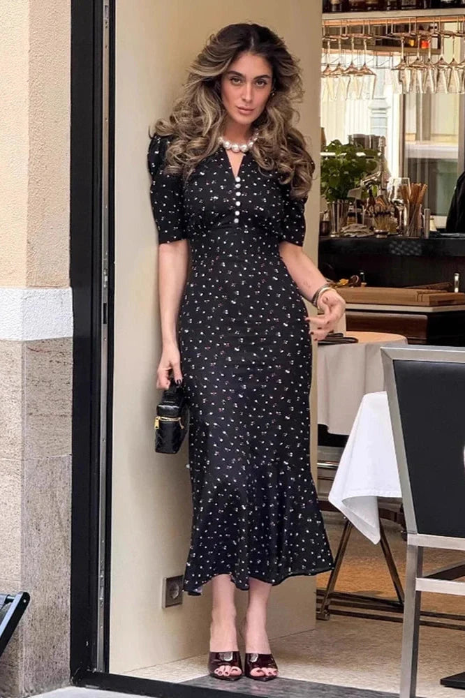 Elegant Printed Puff Sleeve V-Neck High Waist Maxi Dress