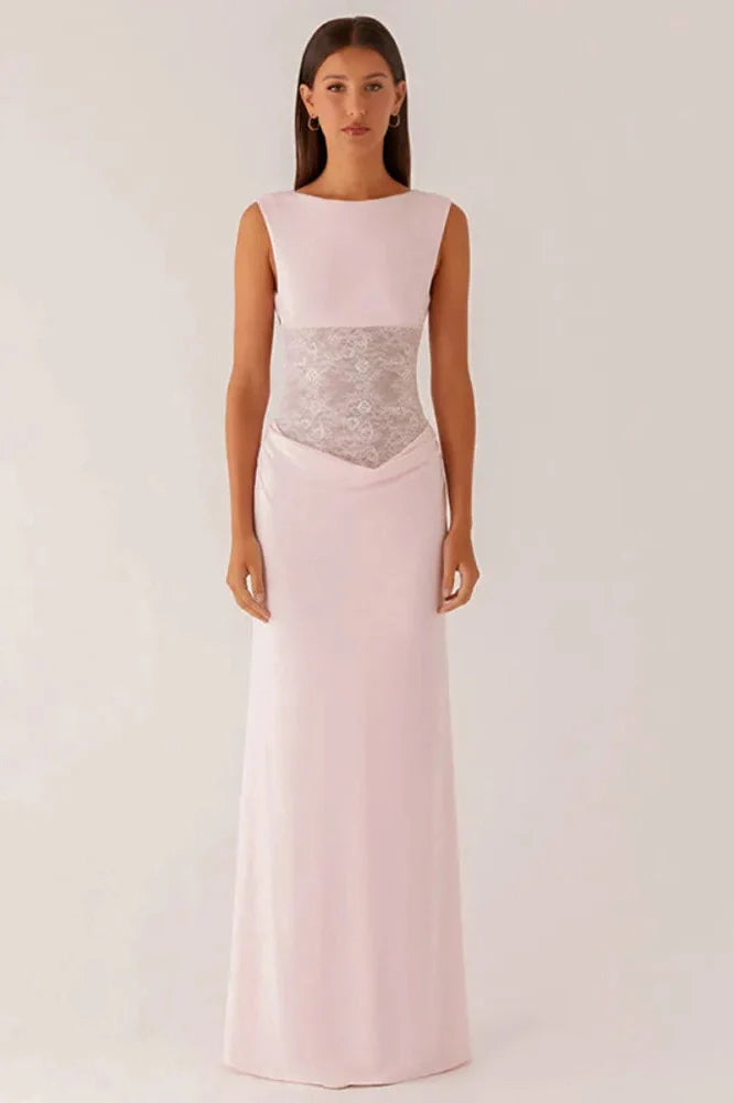 Backless Sleeveless Lace Patchwork High Waist Bodycon Maxi Dress